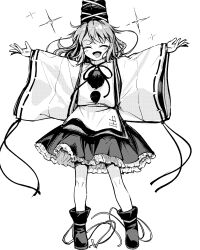  1girl :d blush boots closed_eyes full_body hands_up hat highres long_hair long_sleeves monochrome mononobe_no_futo open_mouth outstretched_arms pom_pom_(clothes) shirt skirt smile solo suna_(s73d) tate_eboshi touhou white_shirt 