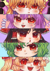  5girls :< absurdres animal_ears blonde_hair blush bow brown_hair closed_mouth commentary danmaku english_commentary fangs flandre_scarlet frilled_bow frilled_hair_tubes frills green_hair hair_bow hair_tubes hakurei_reimu hat highres junko_(touhou) kazami_yuuka lliyanp long_hair looking_at_viewer mob_cap multiple_girls open_mouth purple_hair rabbit_ears rabbit_girl red_bow red_eyes reisen_udongein_inaba slit_pupils smile touhou white_hat 