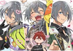  2boys :d ;o ^_^ afterimage amagi_rinne arm_up artist_name asymmetrical_clothes belt belt_buckle black_gloves black_shirt black_tank_top blue_eyes blush blush_stickers buckle chain chain_necklace chest_belt closed_eyes closed_mouth clothes_writing collared_shirt column_lineup date_plan_(ensemble_stars!) earrings ensemble_stars! falling_petals gloves green_jacket green_shirt grey_hair hair_between_eyes hair_over_shoulder headphones headset heart hot_limit_(ensemble_stars!) jacket jewelry lapels long_hair looking_at_viewer low_ponytail lunapont luv&amp;peace_(ensemble_stars!) male_focus microphone motion_lines multicolored_shirt multiple_boys multiple_views necklace official_alternate_costume one_eye_closed open_clothes open_jacket open_mouth petals ponytail print_shirt purple_belt red_hair shiina_niki shirt short_hair smile sparkle sweat t-shirt tank_top teeth u_u upper_teeth_only vest watermark white_vest wing_collar yellow_jacket 