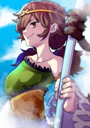  1girl blue_sky bo_staff brown_hair circlet collarbone commentary detached_sleeves dress fog highres holding kamabokopic monkey_girl monkey_tail prehensile_tail red_eyes ruyi_jingu_bang single-shoulder_dress single_strap sky smile solo son_biten tail touhou unfinished_dream_of_all_living_ghost untranslatable_commentary 