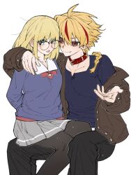  1boy 1girl animal_collar arms_behind_back black_pantyhose blonde_hair blue_cardigan blue_eyes braid cardigan collar daydream_(shyou_yu) fate/strange_fake fate_(series) glasses grey_skirt hand_on_another's_shoulder hashtag-only_commentary highres invisible_chair long_hair looking_at_viewer pantyhose pleated_skirt red_eyes red_streaks richard_i_(fate) sajou_ayaka_(fate/strange_fake) short_hair simple_background sitting sitting_on_lap sitting_on_person skirt smile white_background 