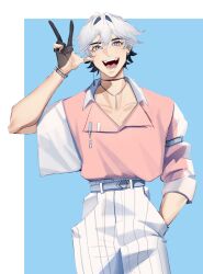  1boy :d armlet belt black_hair blue_eyes bracelet cowboy_shot curtained_hair gloves going_live! grin highres jewelry male_focus multicolored_hair necklace official_art pants partially_fingerless_gloves pink_shirt shirt shirt_tucked_in short_hair smile solo striped_clothes striped_pants two-tone_hair two-tone_shirt v white_hair zilas_phantom 