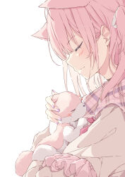  1girl animal_ears black_choker blush brown_cardigan cardigan choker closed_eyes closed_mouth commentary_request extra_ears fingernails from_side hair_between_eyes hair_ribbon hakui_koyori hakui_koyori_(school_uniform) heart heraraido_re highres hololive kokoro_(hakui_koyori) long_hair long_sleeves nail_polish neckerchief petting pink_hair pink_neckerchief pink_sailor_collar plaid_clothes plaid_sailor_collar purple_nails ribbon sailor_collar simple_background smile virtual_youtuber white_background white_ribbon wolf_ears wolf_girl 