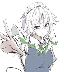  blue_dress blue_eyes braid closed_mouth commentary dress expressionless hair_between_eyes highres izayoi_sakuya kanaria_(bcomn) looking_at_viewer maid maid_headdress medium_hair outstretched_arm shirt short_sleeves side_braids touhou twin_braids white_background white_hair white_shirt 