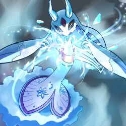  back_bow blue_eyes bow colored_sclera colored_skin commentary_request dress froslass highres horns ice ice_crystal ice_horns mega_froslass mega_pokemon pokemon pokemon_(creature) pokemon_focus pokemon_legends:_z-a purple_skin sazandora600 white_dress yellow_sclera 