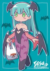  1girl :/ animal_print artist_logo bag bat_background bat_print black_leotard black_shoes blue_background blue_border blue_hair blunt_ends blush border bridal_gauntlets chibi chibi_only chromatic_aberration closed_mouth clothing_cutout collarbone commentary_request darkstalkers demon_girl demon_wings double-parted_bangs drop_shadow expressionless frilled_bridal_gauntlets green_eyes hair_between_eyes head_wings heart_cutout holding holding_bag leotard logo long_hair morrigan_aensland outline pantyhose purple_pantyhose red_bridal_gauntlets shisui shoes shopping_bag simple_background solo strapless strapless_leotard walking white_bag white_outline wings 