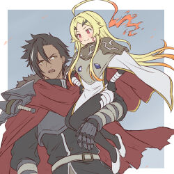  1boy 1girl ahoge armor belt black_bodysuit black_hair black_jacket blonde_hair blush bodysuit border brown_eyes cloak closed_mouth commentary_request dagger dark-skinned_male dark_skin ear_piercing embers facial_mark fiery_hair floating_hair forbartz_xylo gauntlets grey_background hair_between_eyes hands_on_own_hips huge_ahoge jacket knife lifting_person long_hair long_sleeves looking_at_another mugi_(banban53) multicolored_hair open_mouth outside_border parted_bangs pauldrons piercing red_cloak red_eyes scar scar_across_eyebrow scar_on_face sheath sheathed shoes short_hair shoulder_armor smile streaked_hair teoritta two-sided_cloak two-sided_fabric two-tone_cloak upper_body very_long_hair weapon white_belt white_border white_cloak white_hair white_shoes yuushakei_ni_shosu 