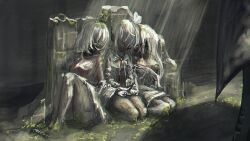 3girls against_wall android blue_archive commentary ein_(blue_archive) full_body highres knees_up leaning_on_person multiple_girls ohr_(blue_archive) overgrown ruins seiza shirasu_kuretaka sitting sof_(blue_archive) spoilers sunlight torn_clothes white_hair wide_shot 