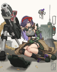  1girl abs ammunition_belt ammunition_box artist_logo artist_name astra_militarum black_socks boots breasts bullet_necklace camouflage camouflage_skirt catachan_jungle_fighter character_doll combat_boots combat_knife computer doll ferrus_manus gloves green_gloves green_sports_bra headband heavy_bolter highres jewelry knee_pads knife laptop logo long_hair mechanical_arms medium_breasts necklace original purity_seal purple_hair purple_ribbon radio red_headband ribbon serene_ann_rexian servo-skull single_mechanical_arm skirt smile socks sports_bra tripod violet_eyes warhammer_40k weapon zephart 