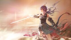  1girl arknights artist_request bare_shoulders belt blue_hair ch'en_(arknights) ch'en_the_dawnstreak_(arknights) cowboy_shot detached_sleeves dragon_tail eastern_dragon_tail energy_weapon facing_ahead feet_out_of_frame floating_clothes floating_hair game_cg glowing glowing_weapon hand_up highres holding holding_sword holding_weapon horns official_art profile red_eyes serious sheath shorts sidelighting sword tail third-party_source variant_set weapon 