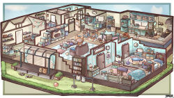  2girls animal_ears apple basket bed black_bow blue_dress blue_eyes book bookshelf border bow brown_hair cat_ears cat_girl cat_tail chair chigu clothes_hanger commentary_request commission couch dairoku_ryouhei desk drawing_(action) drawing_(object) dress fishbowl floorplan food fruit full-length_mirror furry furry_female grass hair_bow highres kettle lamp laundry_pole microwave mirror multiple_girls musical_note outside_border oven_mitts pantyhose picture_frame refrigerator sandals sink spoken_musical_note stove stuffed_animal stuffed_toy table tail television trash_can veranda washing_machine white_pantyhose 