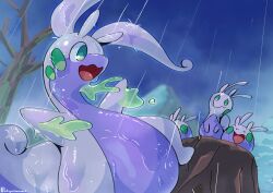  commentary_request dragon evolutionary_line goodra goomy green_eyes highres mountain open_mouth outdoors pokemon pokemon_(creature) pokemon_focus polynimuri rain rock sliggoo smile tree 