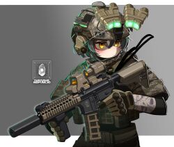  1girl absurdres assault_rifle black_hair border brown_gloves brown_helmet brown_jacket camouflage camouflage_helmet camouflage_jacket closed_mouth gloves green_hair grey_background gun hair_between_eyes helmet highres holding holding_gun holding_weapon iwasawayuki jacket m4_carbine multicolored_hair night_vision_device orange_eyes original rifle short_hair short_sleeves solo streaked_hair upper_body weapon white_border 