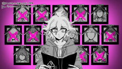  1boy book commentary_request danganronpa_(series) danganronpa_2:_goodbye_despair hanamura_teruteru highres holding holding_book hood hood_down hooded_jacket iei jacket koizumi_mahiru komaeda_nagito kuzuryu_fuyuhiko long_sleeves medium_hair mioda_ibuki nanami_chiaki nidai_nekomaru open_book owari_akane pekoyama_peko pink_background shoki_(user_asjs7487) soda_kazuichi solo sonia_nevermind spoilers tanaka_gundham togami_byakuya_(danganronpa_2) translation_request tsumiki_mikan upper_body 