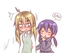  2girls ^^^ ahoge aosora_(mizore) black_serafuku black_shirt black_skirt blonde_hair blue_eyes blush closed_eyes closed_mouth collared_shirt commentary_request empty_eyes english_text grabbing_another's_arm green_sweater_vest hair_between_eyes hand_up hayano_yuuki index_finger_raised long_hair long_sleeves looking_at_another low_twintails multiple_girls nervous original pleated_skirt purple_hair sailor_collar school_uniform serafuku shirt shy sidelocks signature simple_background skirt speech_bubble sweat sweater_vest twintails upper_body white_background white_shirt wide-eyed yazaki_shiori yuri 