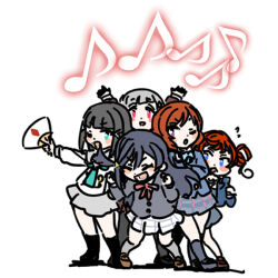  5girls aqua_eyes arms_up black_gloves black_hair black_jacket blue_eyes blue_jacket blush_stickers brown_shoes clenched_hands color_connection commentary crossed_legs deformed dress flying_sweatdrops folding_fan full_body gloves grey_dress grey_hair grey_sailor_collar grey_skirt grey_socks hair_bun hair_ornament hand_fan hands_up hasu_no_sora_school_uniform holding holding_fan in-franchise_crossover jacket kurosawa_dia link!_like!_love_live! loafers long_sleeves love_live! love_live!_nijigasaki_high_school_idol_club love_live!_school_idol_project love_live!_sunshine!! love_live!_superstar!! medium_hair miniskirt multiple_girls neck_ribbon nijigasaki_school_uniform nishikino_maki one_side_up open_clothes open_jacket open_mouth otonokizaka_school_uniform paw_pose plaid_clothes plaid_skirt pleated_skirt red_eyes red_hair red_ribbon ribbon sailor_collar school_uniform shinanoya_(satanicad) shirt shoes simple_background single_side_bun skirt socks standing triangle_hair_ornament uranohoshi_school_uniform violet_eyes virtual_youtuber white_background white_shirt white_skirt winter_uniform yoneme_mei yugiri_tsuzuri yuigaoka_school_uniform yuki_setsuna 
