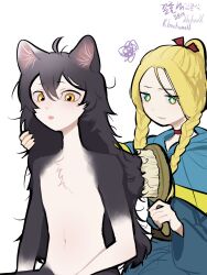  2girls ahoge alternate_hair_length alternate_hairstyle animal_ear_fluff animal_ears artist_name black_hair blonde_hair braid brushing_hair cat_ears cat_girl cat_tail commentary dungeon_meshi english_commentary green_eyes hair_brush highres izutsumi kimchunsik marcille_donato multiple_girls navel nude open_mouth red_scarf scarf short_hair simple_background slit_pupils solo tail twin_braids white_background yellow_eyes 