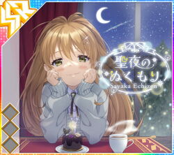  1girl album_cover bell blue_sky blush brown_hair cake candle character_name chocolate_cake christmas_tree closed_mouth cover crescent_moon cup curtains diffraction_spikes dot_nose drink echizen_sayaka elbows_on_table food game_cg glint green_eyes grey_sweater hair_ornament hairclip hands_on_own_cheeks hands_on_own_face happy head_rest idol_wars indoors long_hair long_sleeves looking_at_viewer moon night official_art placemat saucer shirt sky smile solo sparkle star_(sky) starry_sky sweater table tea teacup third-party_source translated upper_body white_shirt window wooden_table 