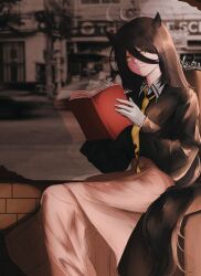  1girl animal_ears artist_name black_hair black_sweater book brick_wall closed_mouth collared_shirt commentary couch grey_hair grey_skirt hair_between_eyes highres holding holding_book horse_ears horse_girl horse_tail long_hair long_hair_between_eyes long_skirt manhattan_cafe_(umamusume) multicolored_hair necktie on_couch open_book piki479 reading shirt signature sitting skirt smile solo sweater sweater_tucked_in tail umamusume untranslatable_commentary very_long_hair wide_sleeves yellow_eyes yellow_necktie 