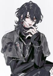  1boy absurdres arm_across_waist artist_name black_hair black_nails black_shirt bright_me_up!!_(ensemble_stars!) chain chain_bracelet chain_necklace commentary curtained_hair earrings ensemble_stars! eyelashes fang fingernails grey_shirt hair_between_eyes hand_up highres jewelry layered_shirt layered_sleeves long_sleeves lunaticotat male_focus medium_hair necklace official_alternate_costume official_alternate_hairstyle ring sakuma_rei_(ensemble_stars!) shirt short_over_long_sleeves short_sleeves simple_background sketch sleeves_past_wrists solo tongue tongue_out untranslatable_commentary upper_body white_background 