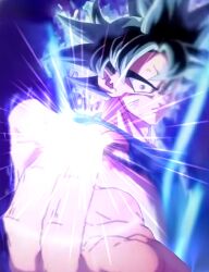  1boy arm_up aura battle_damage black_hair blue_shirt dragon_ball dragon_ball_super gokuu_(goku_xeno59) hakai_(dragon_ball) hand_up highres male_focus muscular muscular_male purple_aura saiyan shirt solo son_goku spiky_hair super_saiyan ultra_instinct ultra_instinct_sign 