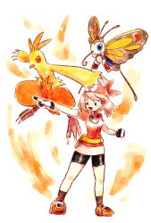  1girl beautifly bird blue_eyes brown_hair bug butterfly chicken combusken commentary_request gloves highres hthtmrmr may_(pokemon) pointing pokemon pokemon_(anime) pokemon_rse_(anime) white_background 