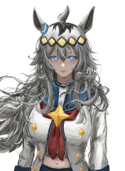  1girl absurdres ahoge animal_ears arms_at_sides black_hair blue_eyes blue_pupils blue_sailor_collar brooch chenggg_0224 closed_mouth collared_jacket commentary_request ear_ornament floating_hair glowing_pupils grey_hair hair_ornament highres horse_ears jacket jewelry long_hair long_sleeves looking_at_viewer midriff multicolored_hair navel neckerchief oguri_cap_(starlight_beat)_(umamusume) oguri_cap_(umamusume) red_neckerchief sailor_collar simple_background solo star_brooch stomach straight-on umamusume upper_body very_long_hair 