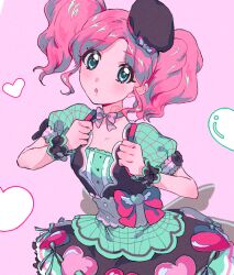  1girl :o aikatsu! aikatsu!_(series) amahane_madoka black_hat blue_eyes choker citron_(otocitronx) clenched_hands commentary_request cowboy_shot dress green_dress hands_up hat heart long_hair looking_at_viewer mini_hat pink_background pink_choker pink_hair puffy_short_sleeves puffy_sleeves short_sleeves solo standing twintails wavy_hair wrist_cuffs 