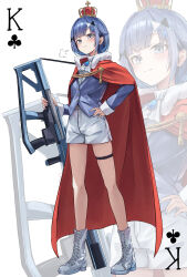  1girl absurdres alternate_costume blue_hair blush boots cape closed_mouth club_(shape) commentary_request crown full_body grey_boots grey_eyes gun hair_ornament highres looking_at_viewer medium_hair puff_of_air red_cape sakahana shirt shorts solo standing thigh_strap tsumugi_kokage virtual_youtuber vspo! weapon white_shirt white_shorts zoom_layer 