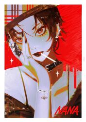  1girl absurdres bare_shoulders black_choker black_hair black_lips border bracelet brown_eyes choker cigarette commentary copyright_name dio_knarf ear_piercing earrings four-pointed_star hand_on_own_face head_tilt highres jacket jewelry looking_at_viewer nail_polish nana_(series) osaki_nana piercing red_background ring short_hair solo star_(symbol) star_in_eye symbol_in_eye unlit_cigarette_in_mouth upper_body white_border 