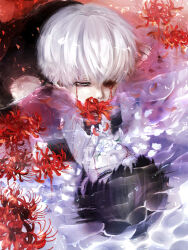  2boys black_hair black_nails black_shirt blood blood_from_eyes commentary_request different_reflection dual_persona eyepatch flower flower_in_mouth grey_eyes highres kaneki_ken male_focus medical_eyepatch missing_eye multiple_boys one_eye_covered petals petals_on_liquid red_flower red_petals reflection reflective_liquid shirt shishi_(eai_make) short_hair spider_lily tokyo_ghoul white_hair white_petals 