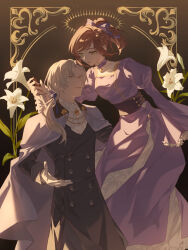  1boy 1girl absurdres black_coat bow brown_hair coat commentary_request dress flower formal_clothes glasses gloves hair_bow highres koeda_(k83_4) long_hair long_sleeves looking_at_another open_mouth ponytail purple_bow purple_dress rosa_(tears_of_themis) tears_of_themis vyn_richter_(tears_of_themis) white_flower white_gloves white_hair yellow_eyes 