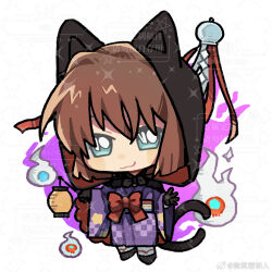  1girl bisho_imobing_hito black_gloves blue_eyes bow brown_hair chibi chibi_only closed_mouth commentary_request full_body gloves haibara_ai highres hitodama japanese_clothes kimono lantern looking_at_viewer meitantei_conan no_nose paper_lantern purple_kimono red_bow short_hair smile solo 