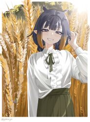  1girl adjusting_hair akar1_akar1 alternate_costume artist_name black_ribbon black_skirt braid commentary english_commentary frilled_shirt frills gradient_hair grin hand_up highres hololive hololive_english long_hair long_sleeves looking_at_viewer low_twin_braids mole mole_under_eye multicolored_hair neck_ribbon ninomae_ina'nis orange_hair outside_border pointy_ears purple_hair ribbon shirt signature skirt smile solo straight-on tentacle_hair twin_braids two-tone_hair upper_body violet_eyes virtual_youtuber wheat_field white_background white_shirt 