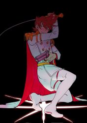  1boy alternate_costume animification antenna_hair asymmetrical_dual_wielding belt black_background boots brown_hair buttons cape coat corrupted_twitter_file double-breasted dual_wielding eddsworld epaulettes flipped_hair grey_eyes gun hair_ears highres holding holding_gun holding_sword holding_weapon kuangzihaixing long_sleeves male_focus military_coat military_uniform multiple_weapons on_one_knee ouji_fashion pants rapier red_cape short_hair simple_background sword thigh_boots tord_(eddsworld) weapon white_boots white_pants yellow_belt 