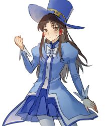  1girl absurdres aihara-rina alternate_costume blue_hat blue_shirt blue_skirt blush bow bowtie breasts brown_eyes brown_hair chinese_commentary closed_mouth commentary_request hair_tubes hakurei_reimu hat highres juliet_sleeves long_hair long_sleeves looking_at_viewer pantyhose pleated_skirt puffy_sleeves shirt simple_background skirt small_breasts solo sweatdrop top_hat touhou white_background white_bow white_bowtie white_pantyhose 