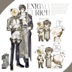  1other 2boys anger_vein black_boots black_coat black_gloves black_hair boots brown_hair character_name chibi chibi_inset coat colored_tips commentary english_commentary english_text enigma_(reverse:1999) ferrofluid fishbowl_helmet full_body gloves grey_pants hand_in_pocket hand_on_another's_shoulder highres holding holding_paper id_card jumpsuit klepon medicine_pocket multicolored_hair multiple_boys object_head pants paper reverse:1999 shirt speech_bubble suitcase thigh_boots ulrich_(reverse:1999) upper_body white_coat white_hair white_jumpsuit white_shirt yellow_eyes 