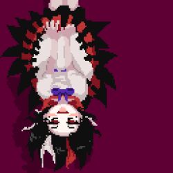  1girl black_dress black_hair blush bow bowtie commentary_request cowboy_shot dress james_at_pi_(fuwafuwacatgirl) kijin_seija looking_at_viewer multicolored_dress multicolored_hair open_mouth purple_background purple_bow purple_bowtie red_dress red_eyes red_hair shadow short_hair short_sleeves skirt skirt_tug smile solo tongue tongue_out touhou upside-down white_dress white_hair 