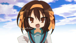  1girl blue_sailor_collar brown_eyes brown_hair chibi chibi_only clouds cloudy_sky commentary_request hair_ribbon kita_high_school_uniform kuuma25_kuma looking_at_viewer medium_hair open_mouth orange_ribbon ribbon sailor_collar school_uniform shirt signature sky solo suzumiya_haruhi suzumiya_haruhi_no_yuuutsu white_shirt 