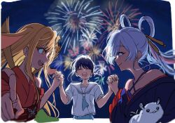  3girls :d ^_^ aerial_fireworks animal_ears backlighting blonde_hair blue_eyes blue_neckerchief cho_kaguya-hime! closed_eyes commentary_request crescent crescent_hair_ornament fireworks fushi_(cho_kaguya-hime!) hair_ornament hair_rings highres holding_hands interlocked_fingers k_www_com kaguya_(cho_kaguya-hime!) long_hair looking_at_another multiple_girls neckerchief night open_mouth outdoors pointing pointing_at_viewer profile purple_hair rabbit_ears runami_yachiyo sailor_collar sakayori_iroha school_uniform serafuku shirt short_hair short_sleeves sky smile upper_body white_shirt 