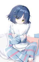  1girl blue_hair blue_pajamas bocchi_the_rock! chinese_commentary closed_mouth commentary crossed_arms expressionless eyes_visible_through_hair frilled_pillow frills full_body hair_between_eyes hair_ornament highres hugging_object ksjsa looking_at_viewer medium_hair mole mole_under_eye pajamas pillow pillow_hug simple_background sitting sleeves_past_wrists solo striped_clothes striped_pajamas twitter_username white_background x_hair_ornament yamada_ryo yellow_eyes 