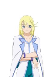 1boy artist_request blonde_hair blue_eyes blue_leggings blue_trim bracelet closed_mouth coat commentary cowboy_shot game_cg hand_under_clothes jewelry leggings looking_at_viewer medium_hair mithos_yggdrasill official_art smile solo standing tales_of_(series) tales_of_asteria tales_of_symphonia third-party_source transparent_background white_coat 
