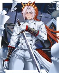  1girl ahoge animal_ears blue_eyes breasts chess_piece closed_mouth ear_covers gloves highres holding holding_sword holding_weapon horse_ears horse_girl horse_tail jacket king_(chess) knight_(chess) large_breasts long_hair long_sleeves looking_at_viewer multicolored_hair n10_arts orange_hair orfevre_(umamusume) pants pawn_(chess) rook_(chess) single_ear_cover solo sword tail umamusume weapon white_gloves white_hair white_jacket white_pants 