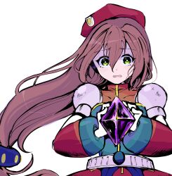  1girl android beret breasts brown_hair commentary_request dress green_eyes hat highres iris_(mega_man) koshianpancake long_hair looking_at_viewer medium_breasts mega_man_(series) mega_man_x_(series) open_mouth ponytail red_hat revision simple_background smile solo spoilers very_long_hair white_background 