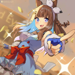  1girl :d almond_eye_(umamusume) bare_shoulders blue_eyes blue_gloves blue_hair bow braid breasts brown_hair colored_inner_hair commentary_request cowboy_shot dark_hound_3 fingerless_gloves gloves hair_ornament hairband hairclip highres horse_girl leaf long_hair long_sleeves looking_at_viewer multicolored_hair open_mouth orange_sky pointing pointing_at_viewer red_bow sky smile solo sparkle symbol-shaped_pupils umamusume white_hairband x-shaped_pupils 