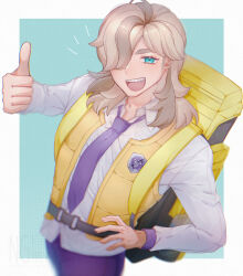  1boy :d absurdres arven_(pokemon) backpack bag blurry border brown_hair collared_shirt commentary green_background green_eyes hair_over_one_eye happy highres long_hair male_focus necktie open_clothes open_mouth open_vest outside_border pants pokemon pokemon_sv purple_necktie purple_pants raaji_(ldryzauf7x12eqg) shirt shout_lines smile solo teeth thumbs_up tongue untranslatable_commentary upper_teeth_only vest white_border yellow_bag yellow_vest 