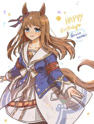  1girl animal_ears armband blue_eyes blue_jacket blush bow breasts brown_hair collarbone dress ear_bow ear_ribbon grass_wonder_(stone-piercing_blue)_(umamusume) grass_wonder_(umamusume) happy_birthday hashtag-only_commentary heart highres horse_ears horse_girl horse_tail jacket long_hair long_sleeves looking_at_viewer multicolored_hair pantyhose parted_lips red_armband sailor_collar small_breasts smile solo tail umamusume unseuking0427 white_dress white_hair white_sailor_collar 