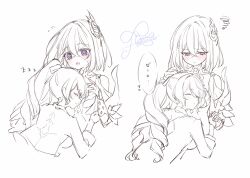  2girls blue_eyes blush bronya_zaychik commentary_request crossed_bangs drill_hair flying_sweatdrops hair_between_eyes highres honkai_(series) honkai_impact_3rd long_hair multiple_girls open_mouth partially_translated ponytail red_pupils rinna_(xxrinna) seele_vollerei short_hair signature sleeping sleeping_on_person squiggle translation_request zzz 