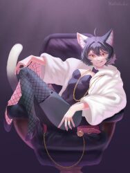  1girl animal_ear_fluff animal_ears artist_name bell black_hair breasts cat_ears cat_girl cat_tail chain chair commentary dungeon_meshi english_commentary fishnet_thighhighs fishnets full_body gold_chain highres izutsumi kimchunsik neck_bell on_chair red_scarf scarf short_hair slit_pupils small_breasts smile solo tail thigh-highs tongue tongue_out unworn_collar white_background yellow_eyes 