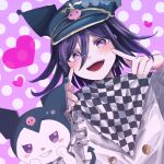  1boy :d bangs black_headwear blush buttons checkered_clothes checkered_scarf copyright_request danganronpa_(series) danganronpa_v3:_killing_harmony double-breasted grey_jacket grin hair_between_eyes hands_up heart highres jacket long_sleeves looking_at_viewer open_mouth ouma_kokichi pink_eyes polka_dot polka_dot_background scarf smile tail teeth translation_request upper_teeth zui_nianshao 